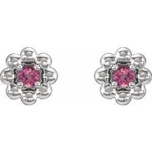 14K White Gold Natural Pink Tourmaline Petite Flower Beaded Earrings – image 2