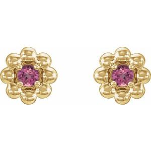 14K Yellow Gold Natural Pink Tourmaline Petite Flower Beaded Earrings – image 2