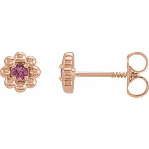 14K Rose Gold Natural Pink Tourmaline Petite Flower Beaded Earrings