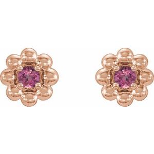 14K Rose Gold Natural Pink Tourmaline Petite Flower Beaded Earrings – image 2
