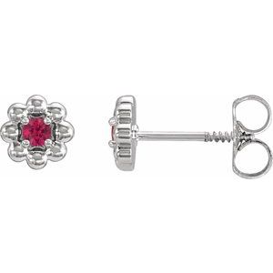 14K White Gold Lab-Grown Ruby Petite Flower Beaded Earrings
