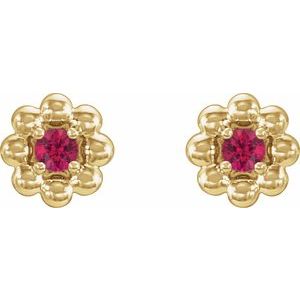 14K Yellow Gold Natural Ruby Petite Flower Beaded Earrings