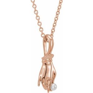 14K Rose Gold Cultured White Seed Pearl Buddha Hand 16-18" Necklace