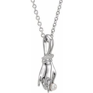 Sterling Silver Cultured White Seed Pearl Buddha Hand 16-18" Necklace