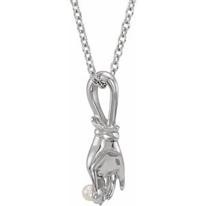 14K White Gold Cultured White Seed Pearl Buddha Hand 16-18" Necklace