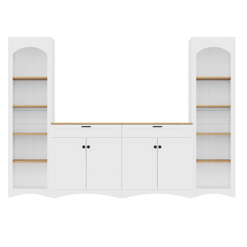 ON-TREND 3-Piece Farmhouse Entertainment Center with Storage Cabinet for TVs Up to 70', Mid-Century TV Stand with Bookshelf, Rustic Versatile Sideboard with Adjustable Shelves for Living Room, White
