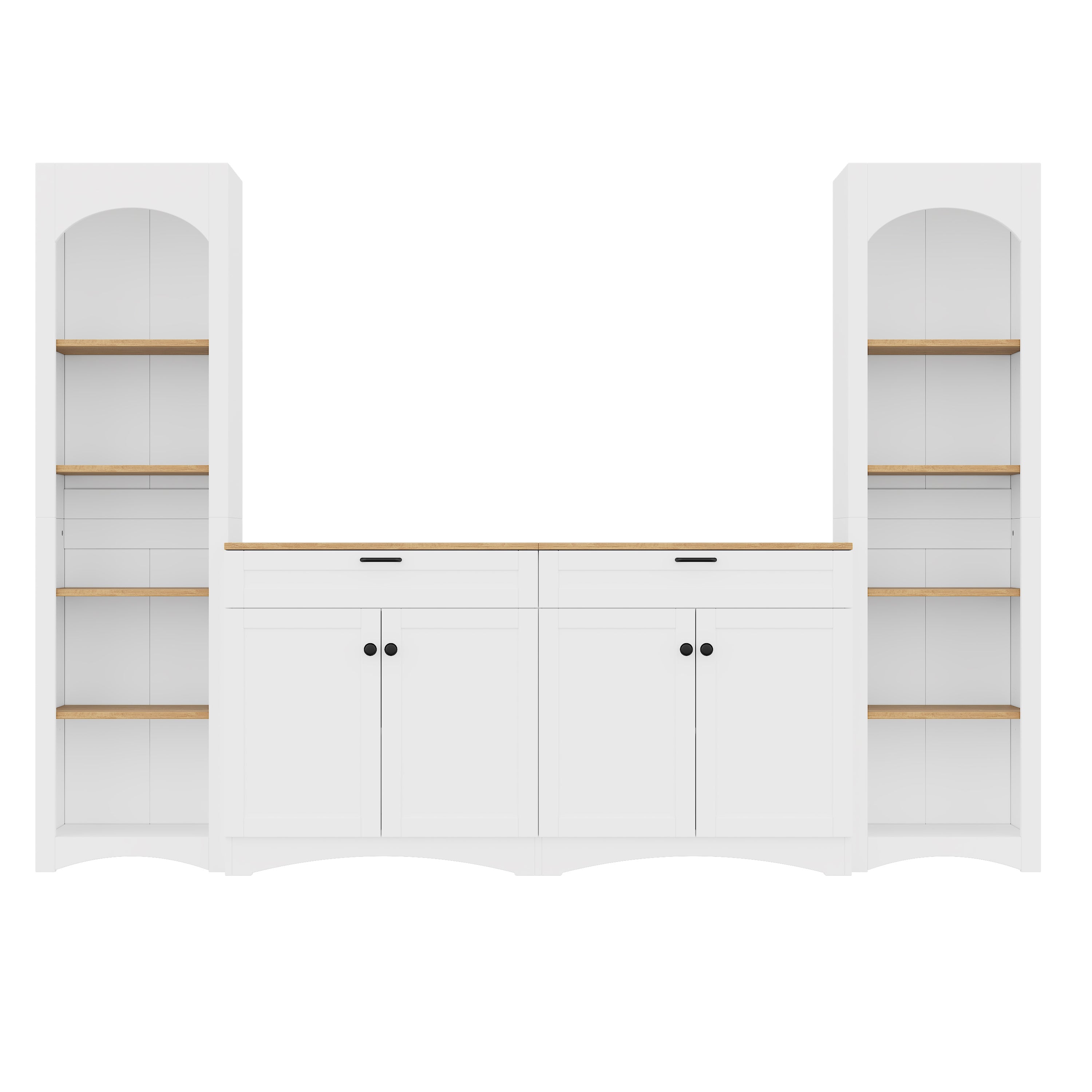 ON-TREND 3-Piece Farmhouse Entertainment Center with Storage Cabinet for TVs Up to 70', Mid-Century TV Stand with Bookshelf, Rustic Versatile Sideboard with Adjustable Shelves for Living Room, White