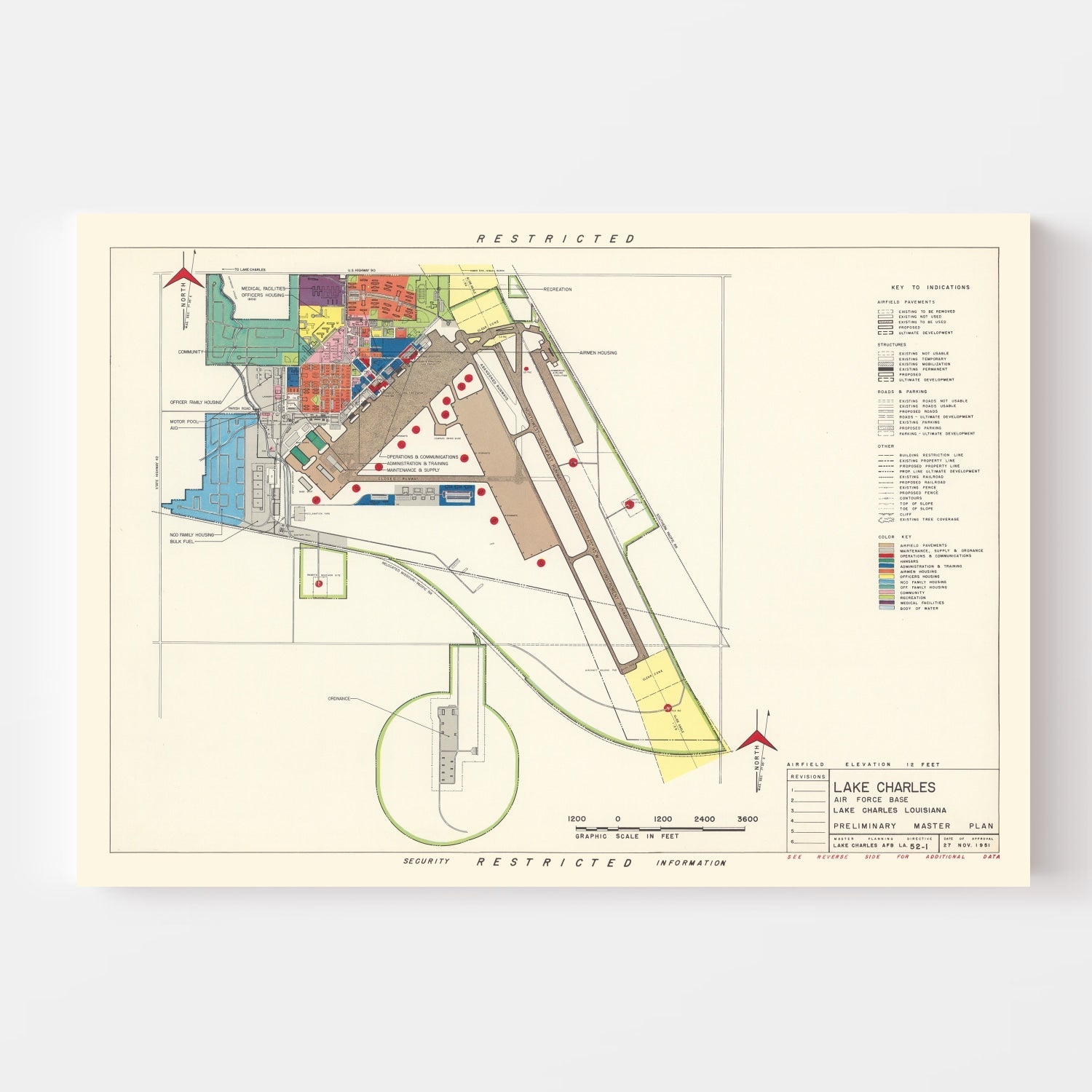 Vintage Map of Lake Charles Air Force Base, 1951