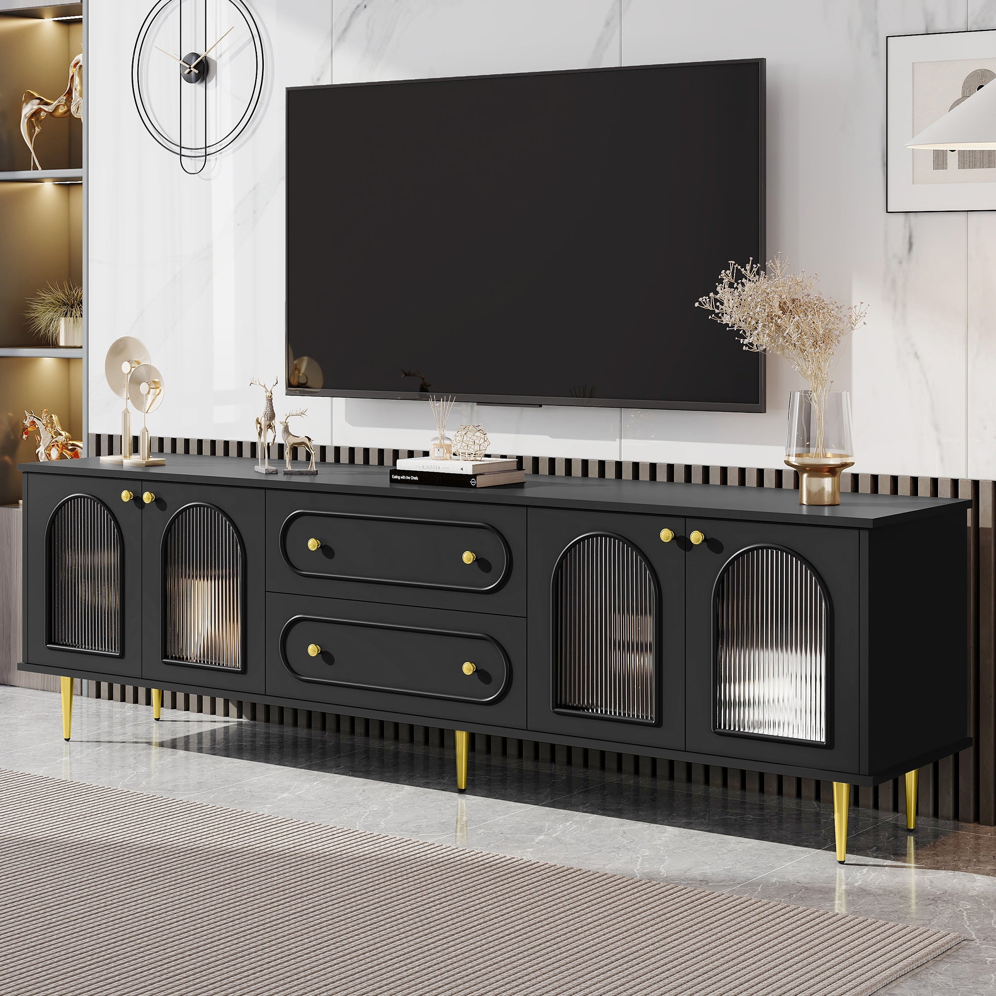 U-Can 78.7'' Modern TV Stand, TV Cabinet with Five Metal Legs and Metal Handles, 2 Drawers and 2 Cabinets with Fluted Glass Doors For Living room, Up to 80'' (Old SKU: SJ000122AAB)