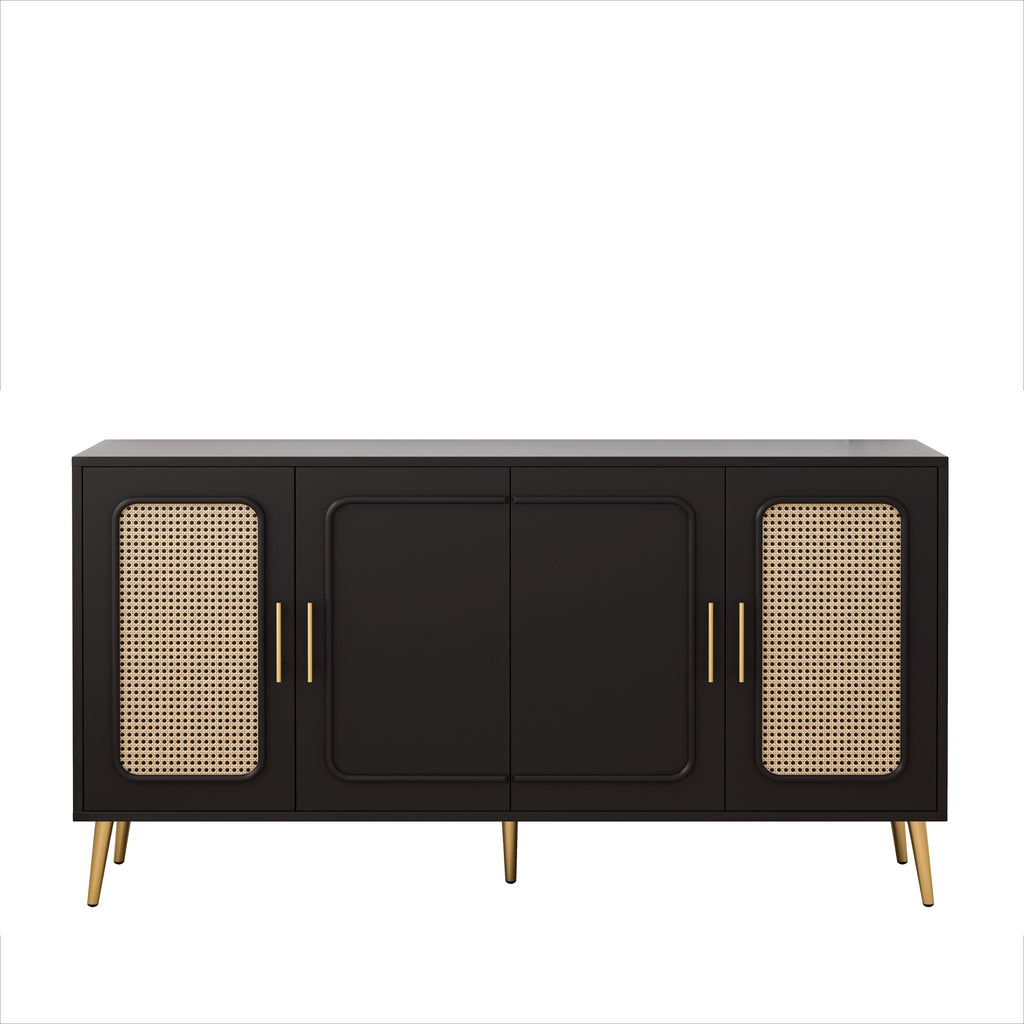 59.84' Vintage Four-Door Cabinet, Plastic Rattan, Suitable For Living Room, Dining Room, Bedroom(Black)