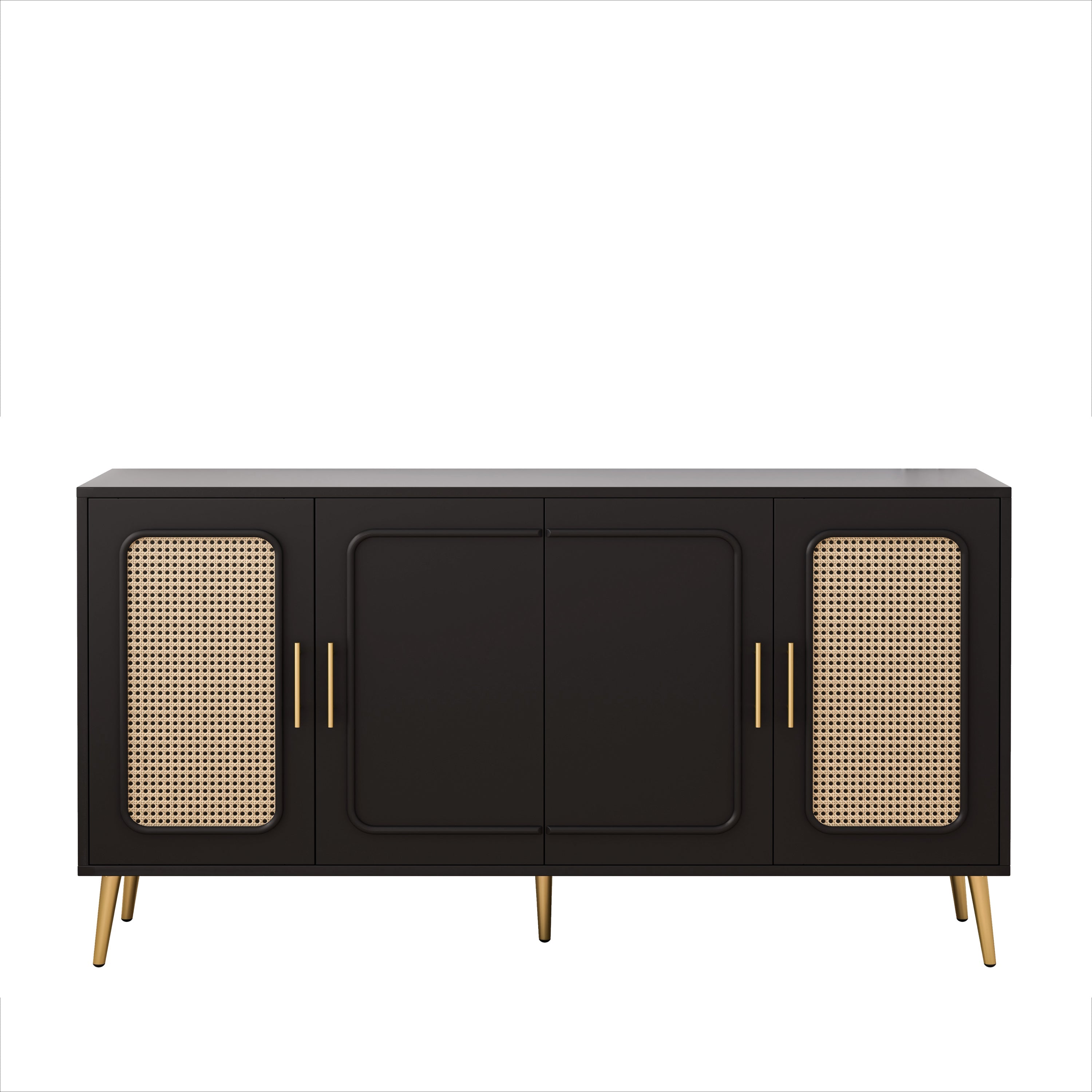59.84' Vintage Four-Door Cabinet, Plastic Rattan, Suitable For Living Room, Dining Room, Bedroom(Black)