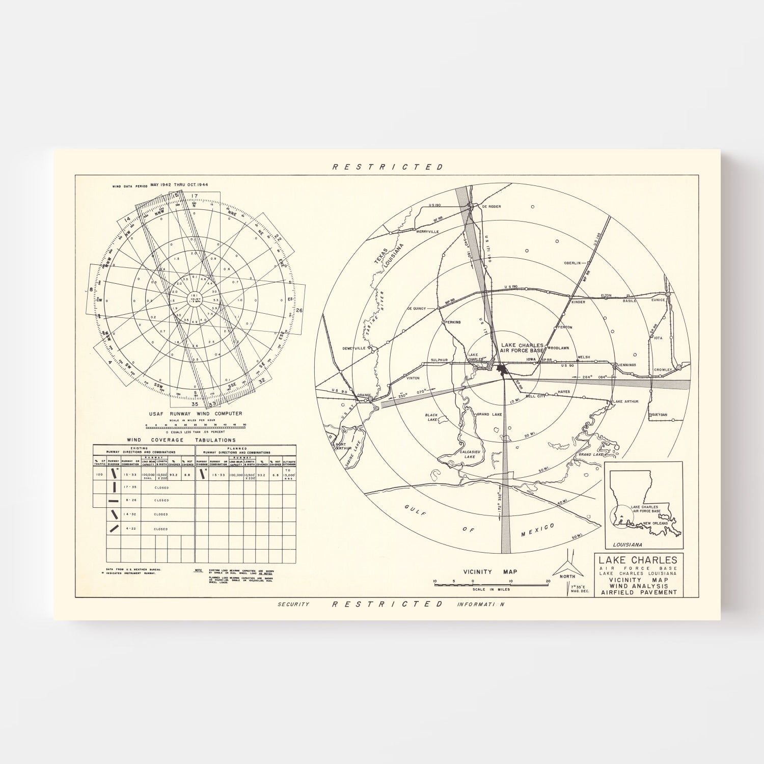 Vintage Map of the Lake Charles Air Force Base Vicinity, 1951