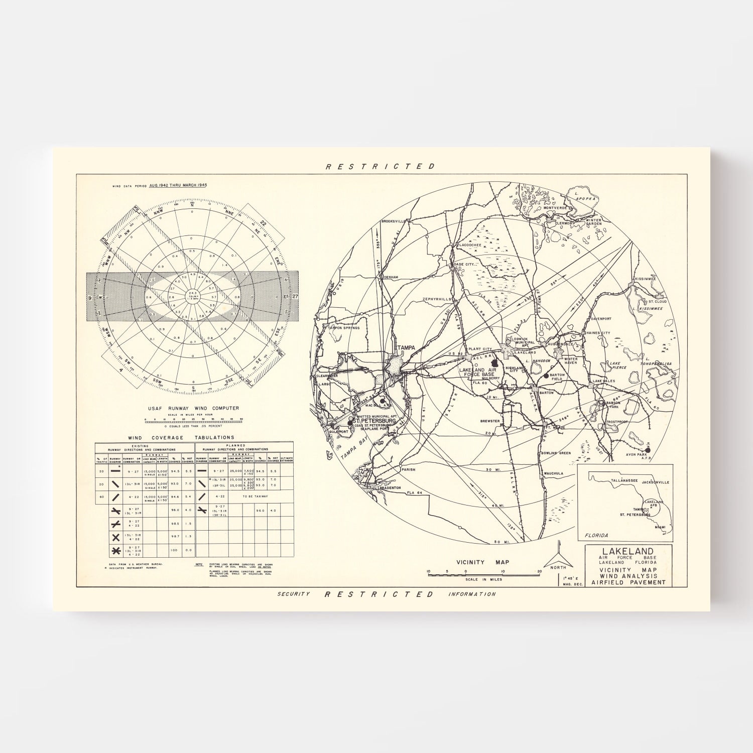 Vintage Map of the Lakeland Air Force Base Vicinity, 1952