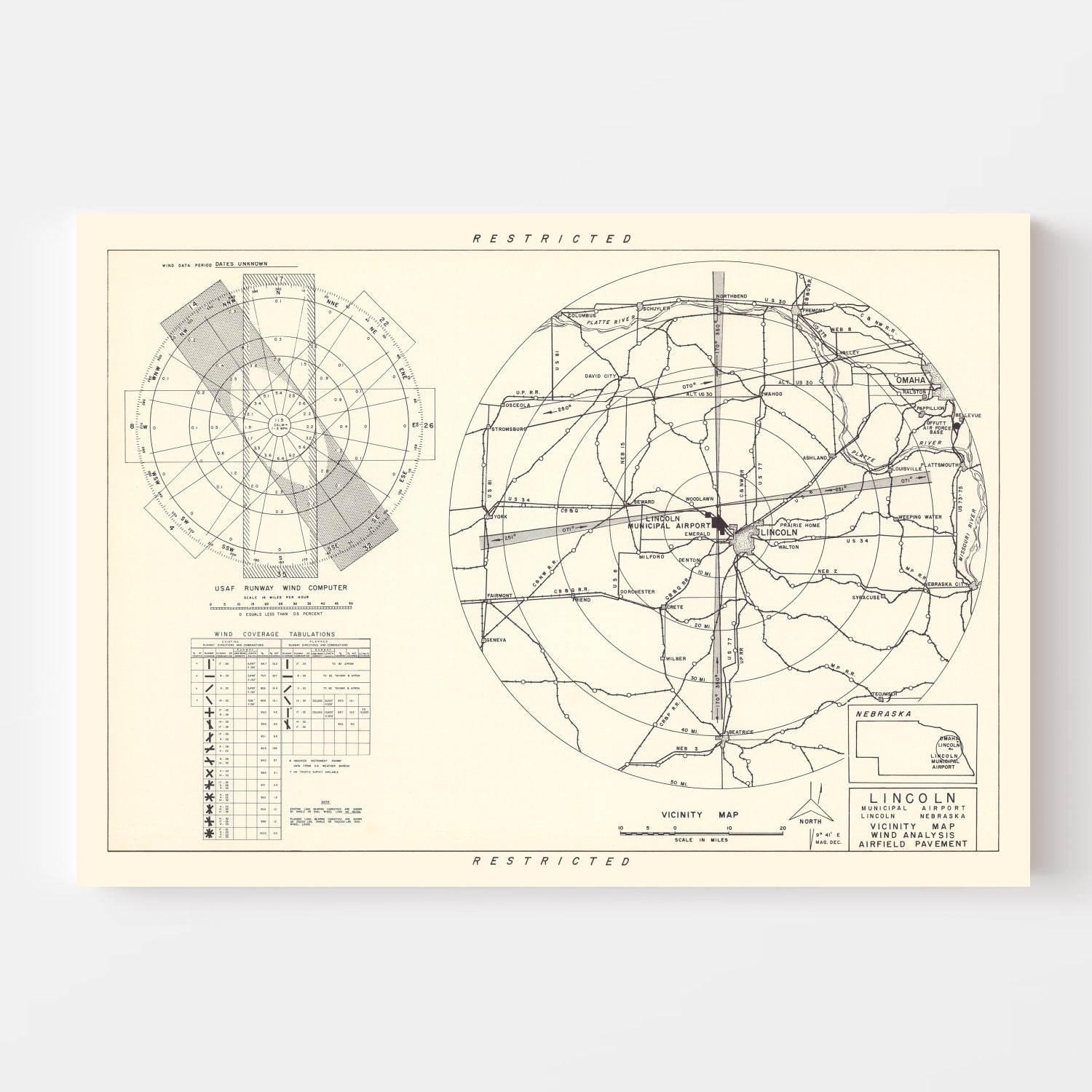 Vintage Map of the Lincoln Municipal Airport Vicinity, 1951