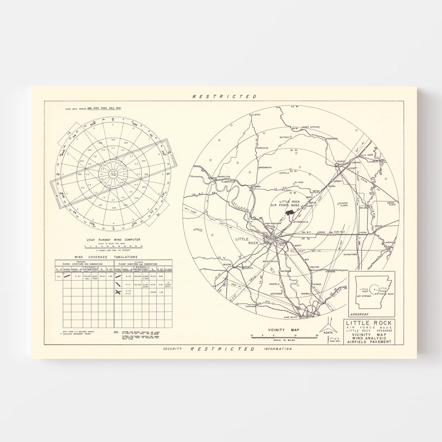 Vintage Map of the Little Rock Air Force Base Vicinity, 1952