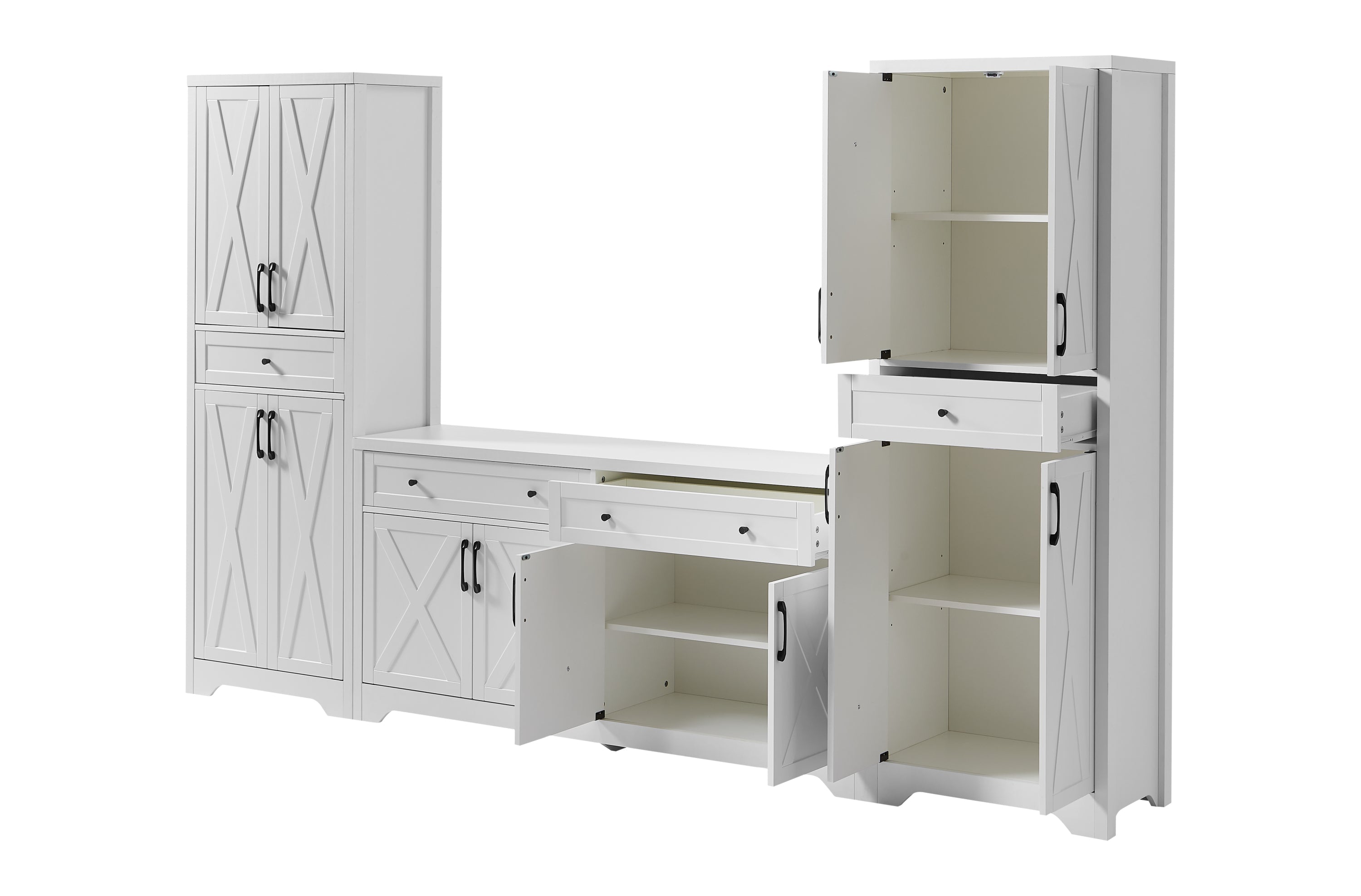TV Cabinet Set Multifunctional TV Wall, One TV Cabinet and Two Sideboards for Living Room, White,  108.7''L x 15''W x 68''H.