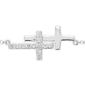 Sterling Silver Imitation Cubic Zirconia Double Sideways Cross 16-18" Necklace