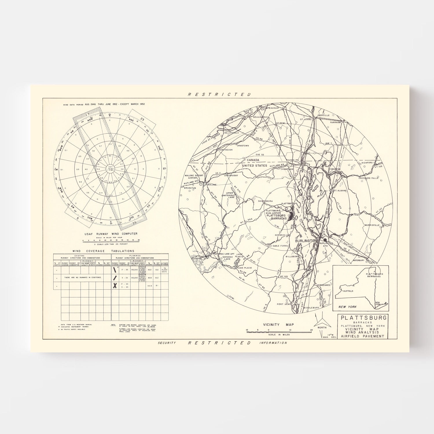 Vintage Map of the Plattsburg Barracks Vicinity, 1952