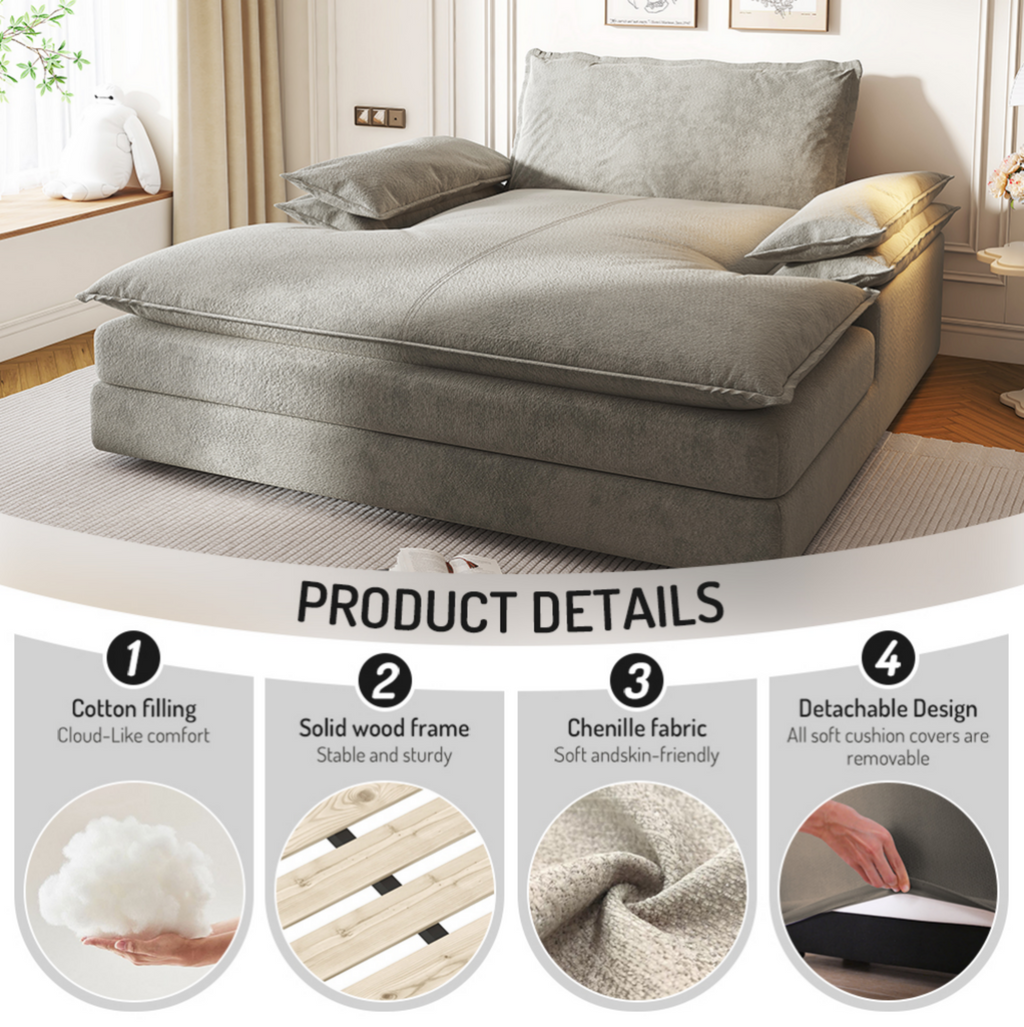 Modern Oversized Double Chaise Lounge Chair,Deep Seat Upholstered Reading Chair with Detachable Design,Chenille Lazy Sofa w/ Large Pillows & Wide Armrests,Suitable for Living Rooms, Apartments,Grey