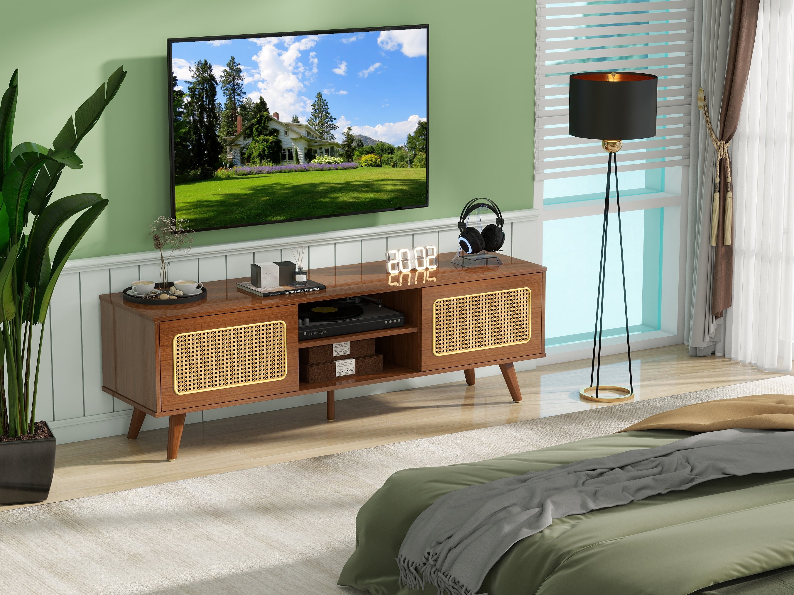 Mid Century Modern Rattan TV Stand for 55/60/65 inch TV , Entertainment Cabinet, Media Console for Living Room Bedroom Media Room, Solid Wood Feet & Rattan Cabinet Doors  (Walnut, 59')