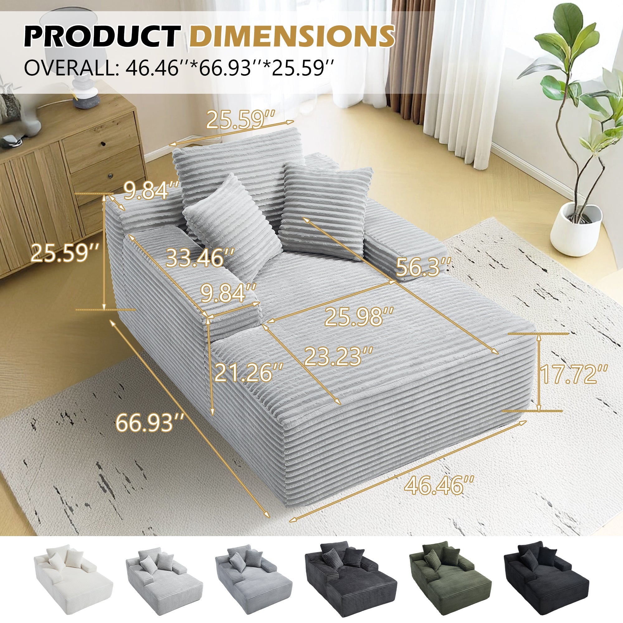 67' Chaise Lounge Chair 9.9'' Wide Armrest Indoor Corduroy Oversized Sleeper Sofa for Living Room Deep Seat Lounge and Three Soft Pillows Convertible Boneless Sofa Bed, Light Grey,No Assembly Required