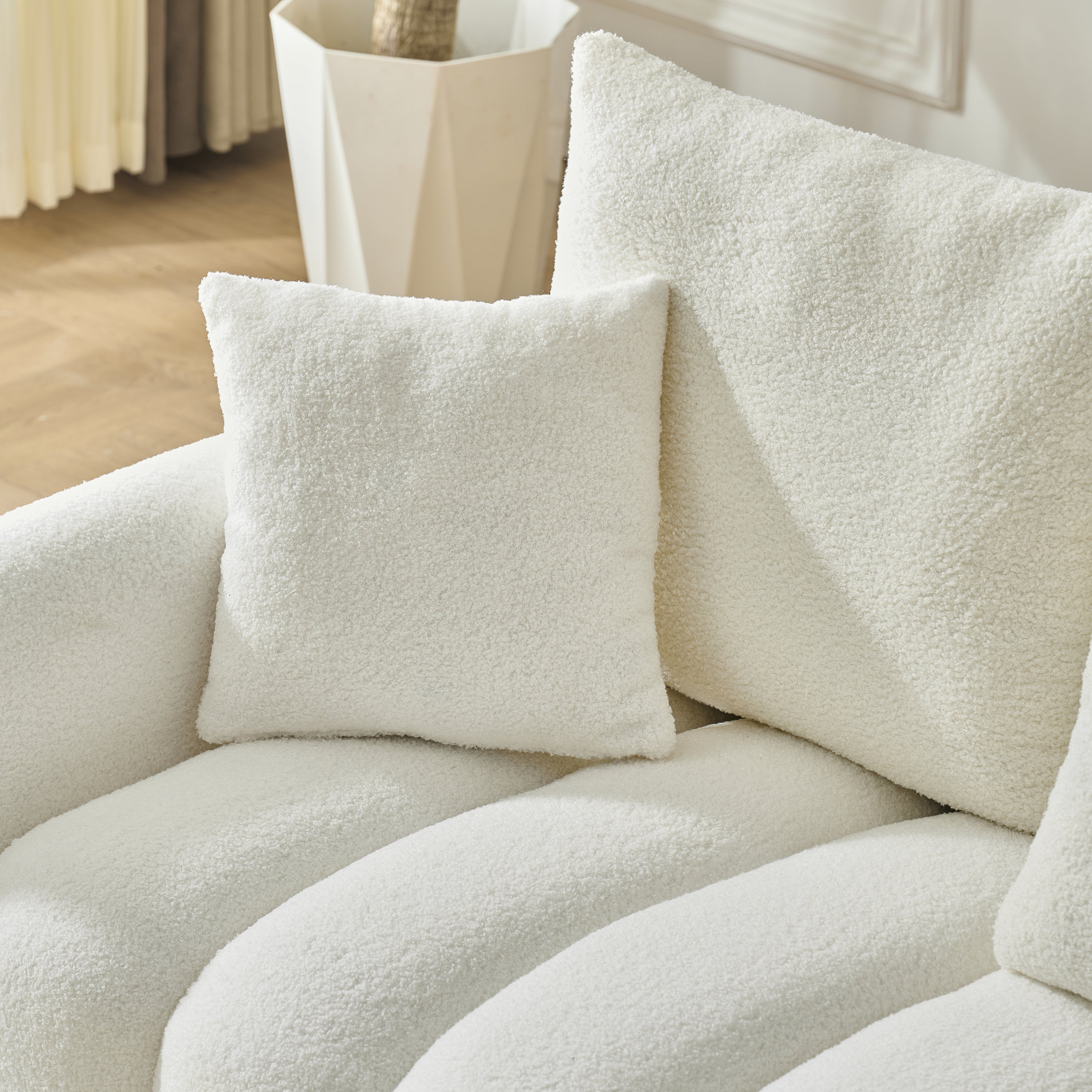 92-inch high-quality teddy fur fabric corner sofa, with USB port, center console and coffee table. A super large cushioned sofa, suitable for grand living rooms, apartments and offices.