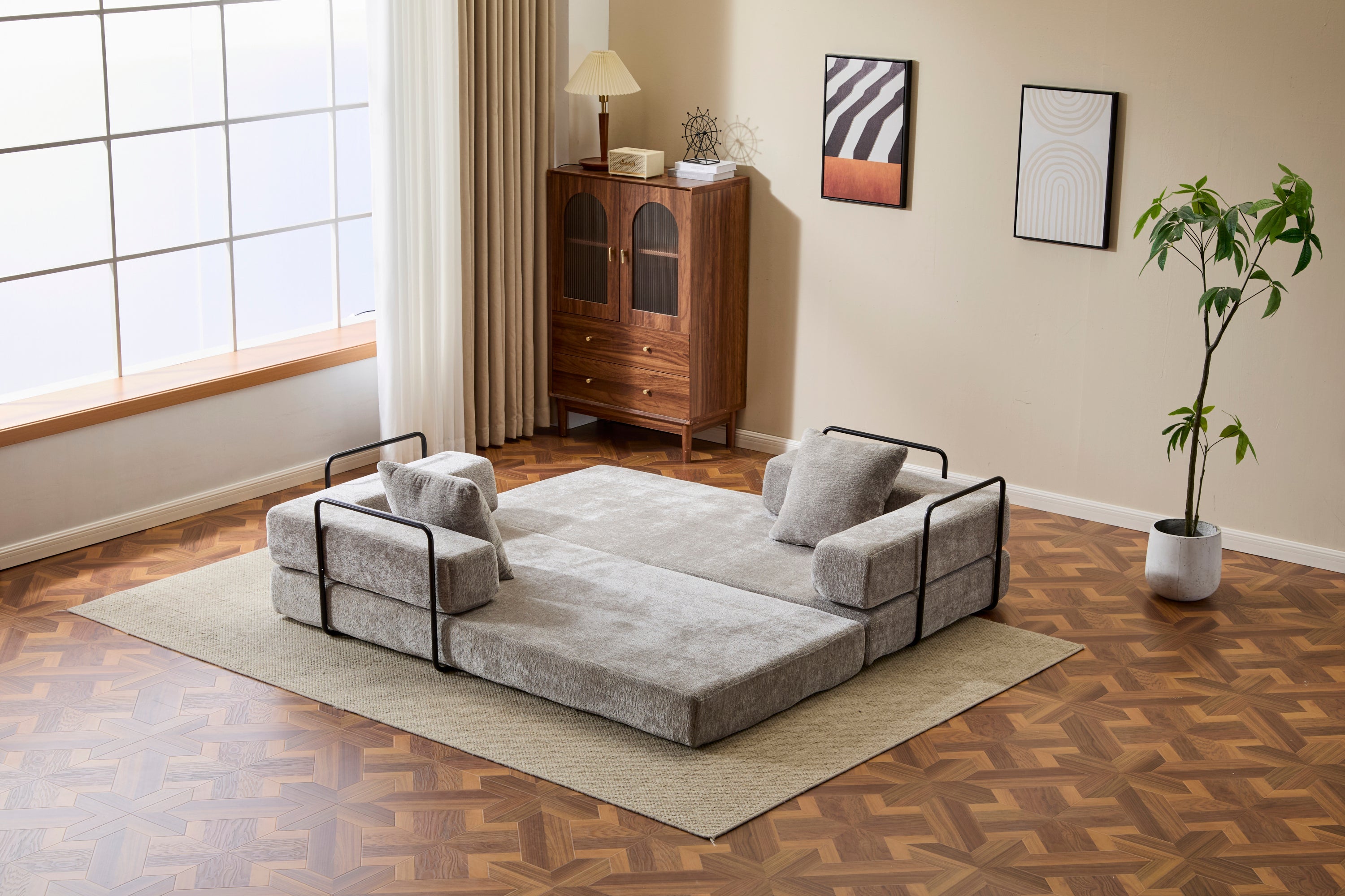 Floor Couch,Compression Sofa,Convertible Floor Sofa Bed-with Pillow Back Support Armrest,Comfy Futon Couch Lounge Sleeper Bed,Chenille fabric,for Living Room Bedroom (LIGHT-GREY)