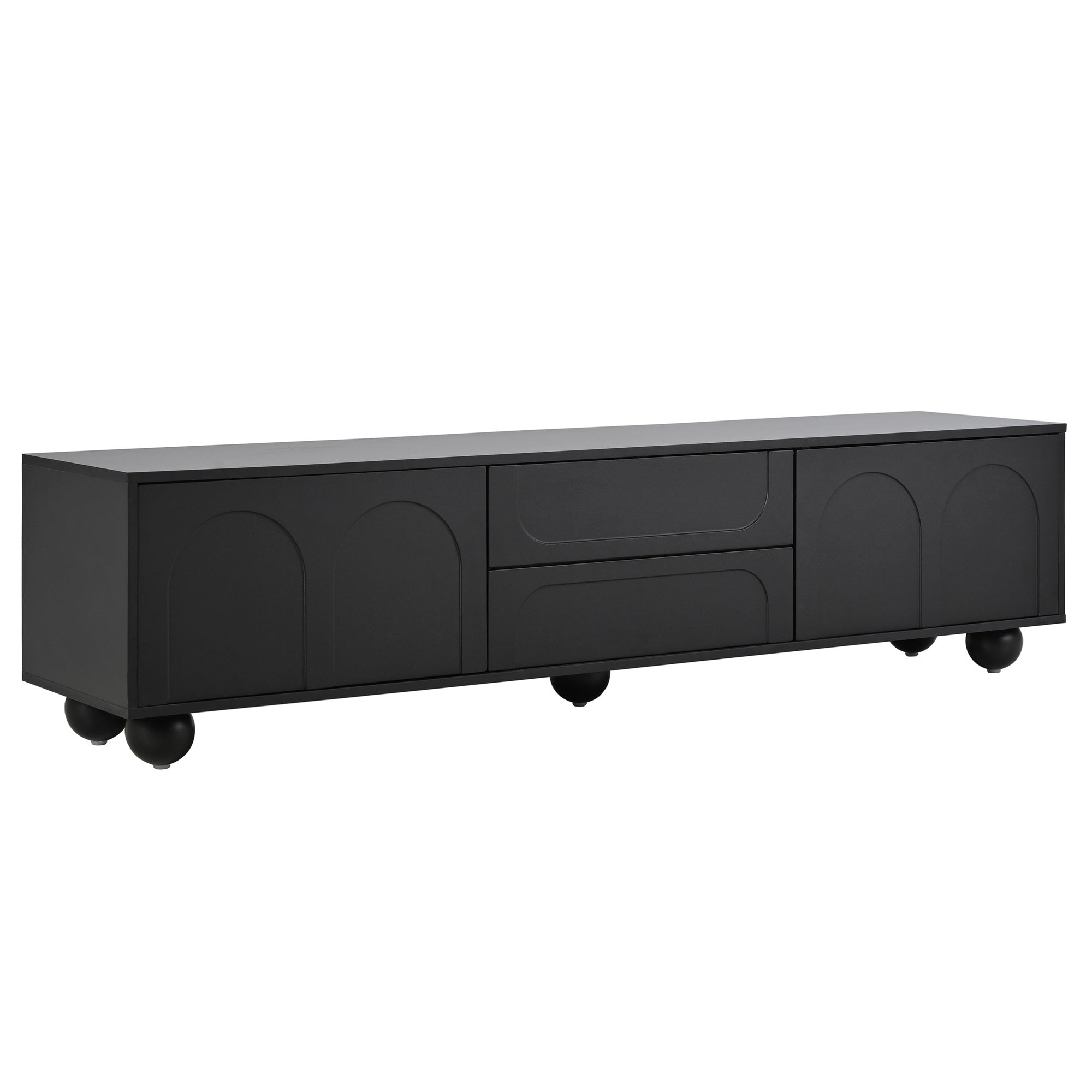 ON-TREND Cream Style TV Stand with Arched Doors & 2 Drawers for TVs up to 75', Minimalist Media Console with Rebound Device, Entertainment Center with 5 Iron Round Legs for Living Room, Bedroom, Black