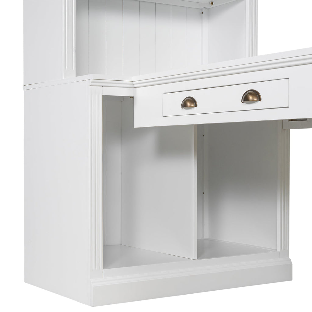 83.4'Tall Bookshelf with Writing Desk, Modern Bookcase with Study Desk, Workstation with Storage Shelf,Storage Bookcase with Open Shelves and LED Lighting for Living Room,Home Office,White