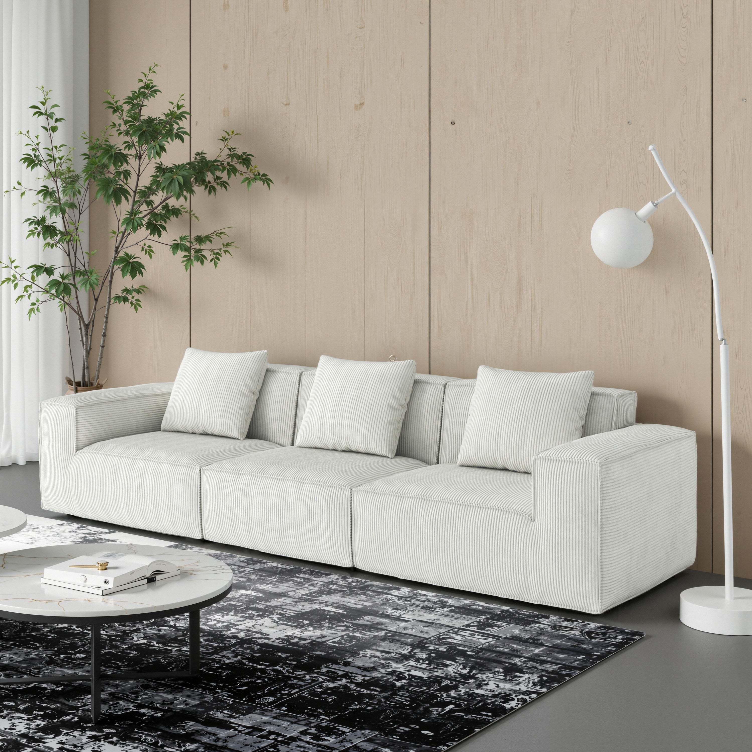 118-inch modular sofa can be converted into an oversized sofa bed  Free conversion sofa set flexible configuration, soft corduroy cloud velvet fabric Three-person combination white