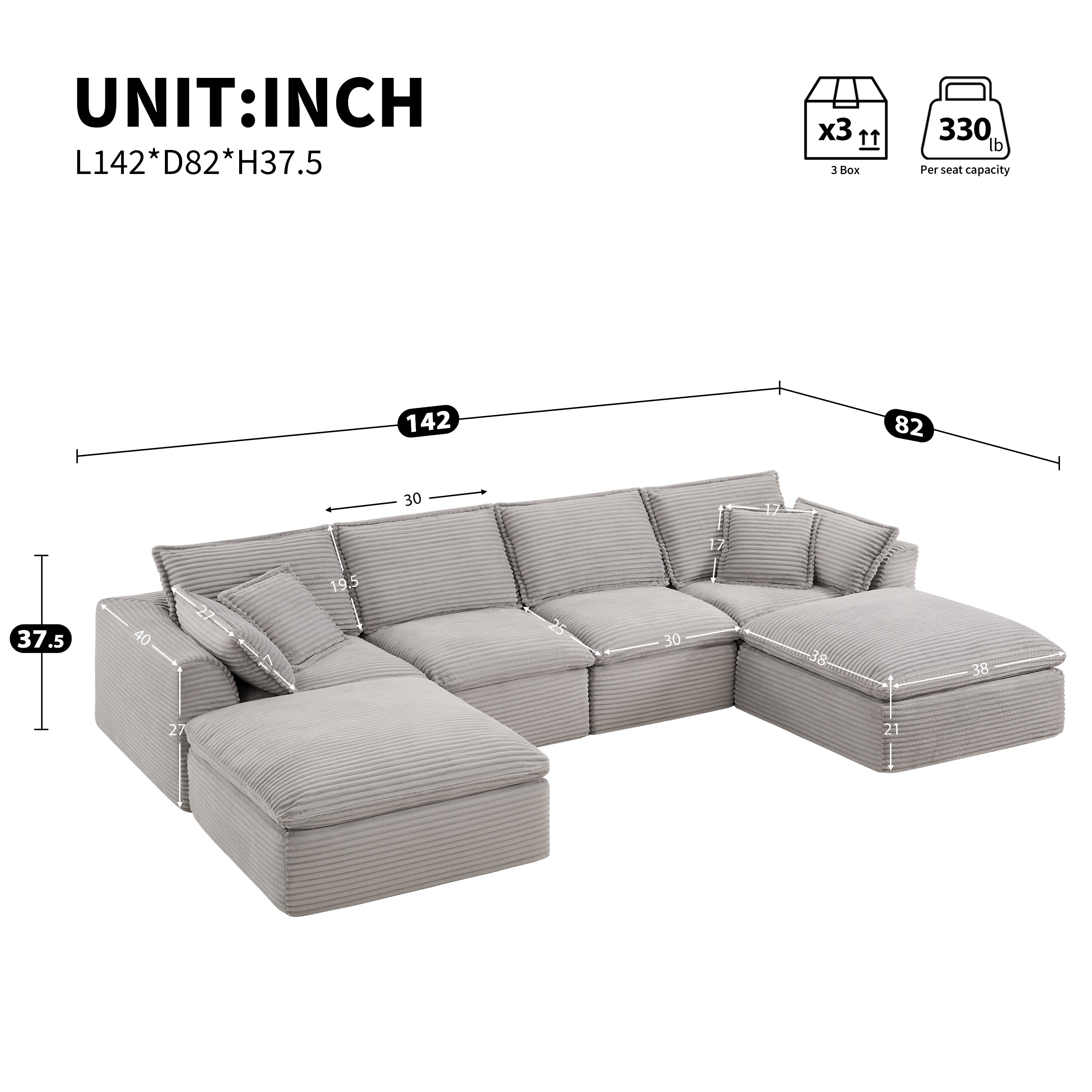 142*82' Fully Compressed Modular Sectional Sofa, U Shape with Ottomans, Luxury Corduroy with Extra Width&Depth Cloud Like Soft Cushion, No Assembly Required, for Living Room&Apartment,2 Colors