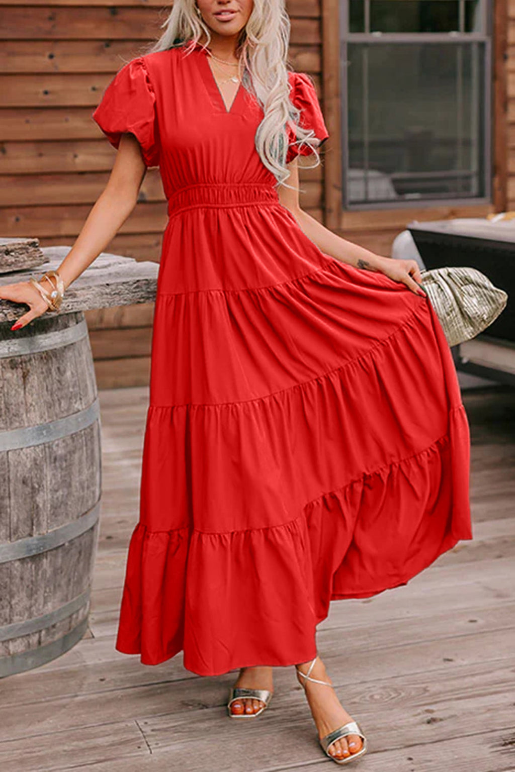 Solid V-Neck Short Puff Sleeve Tiered Maxi Dress