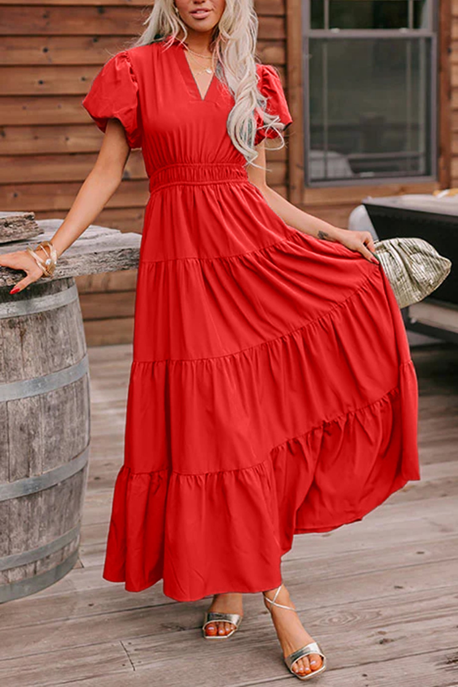 Solid V-Neck Short Puff Sleeve Tiered Maxi Dress