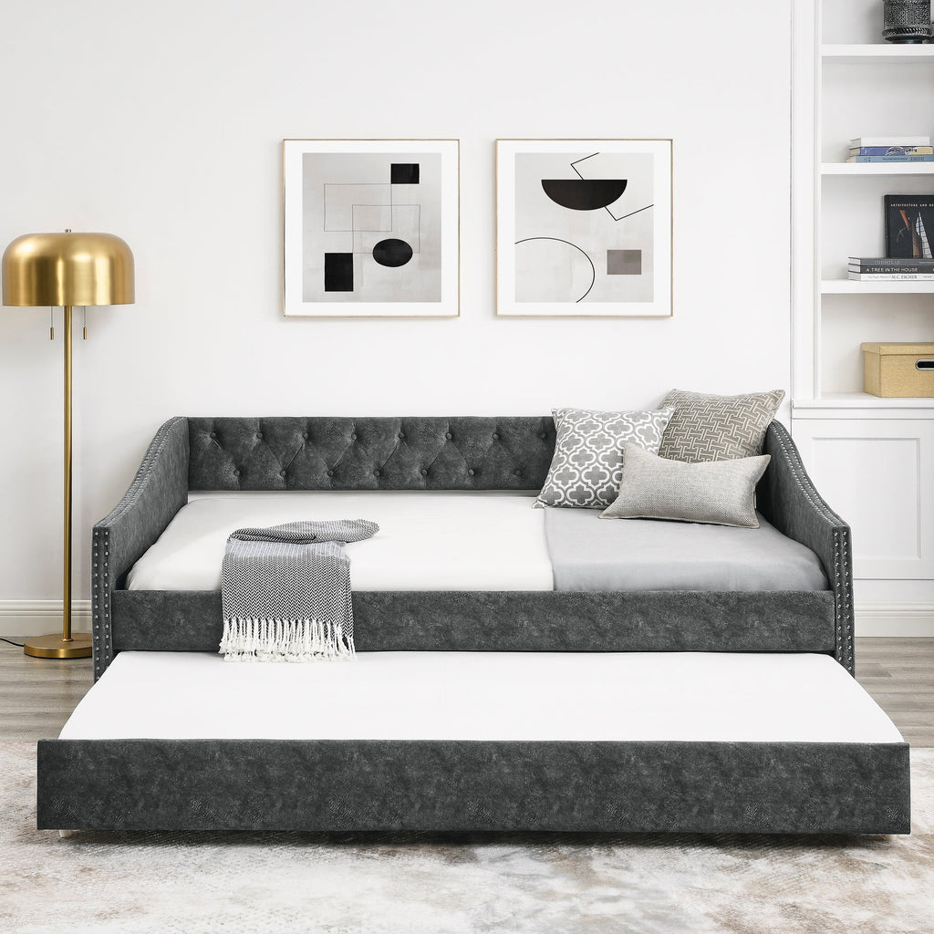 Full Size Daybed with Twin Size Trundle Upholstered Tufted Sofa Bed, with Button on Back and Copper Nail on Waved Shape Arms,Grey (80.5'x55.5'x27.5')