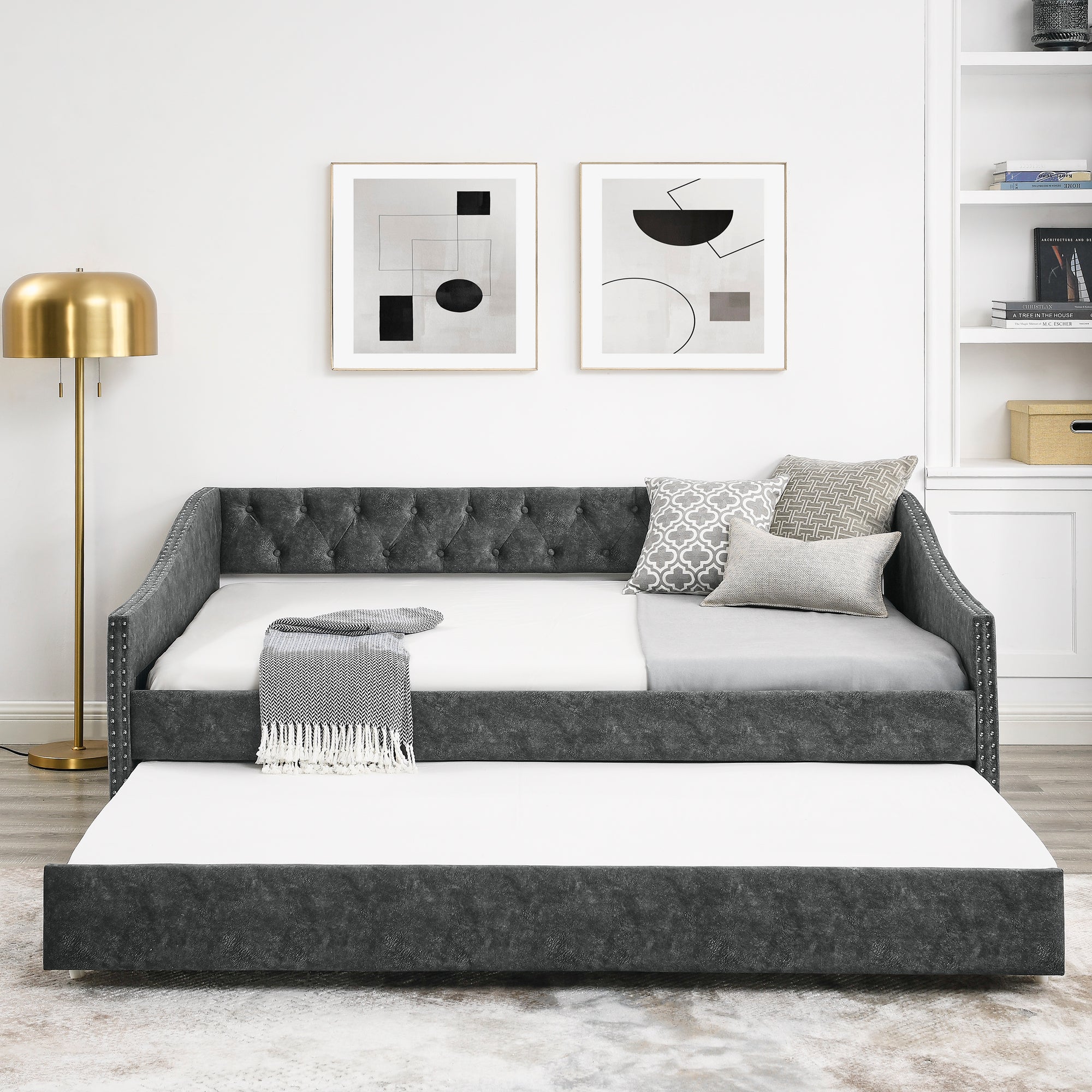 Full Size Daybed with Twin Size Trundle Upholstered Tufted Sofa Bed, with Button on Back and Copper Nail on Waved Shape Arms,Grey (80.5'x55.5'x27.5')