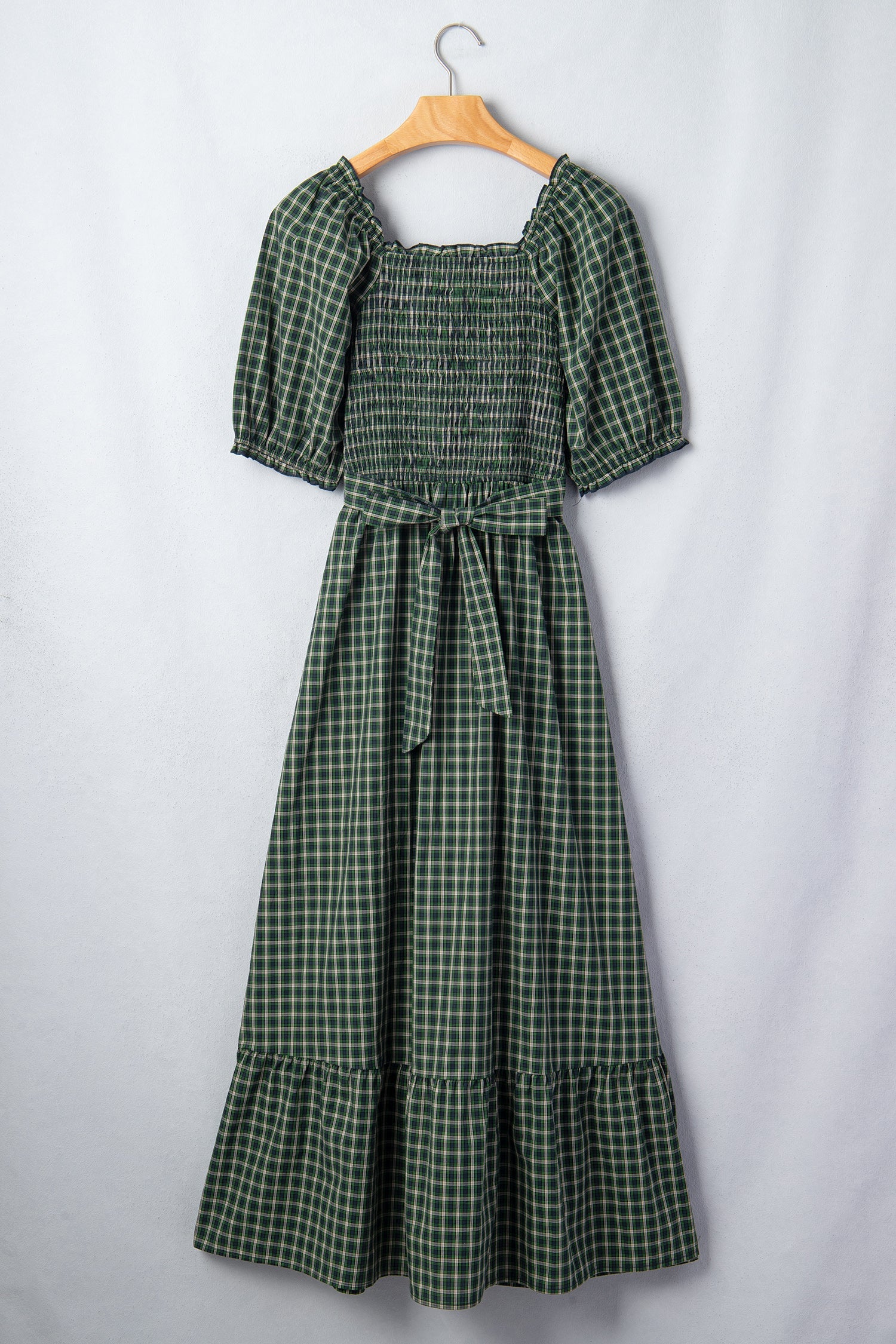 Plaid Shirred High Waist Square Neck Ruffle Hem Dress