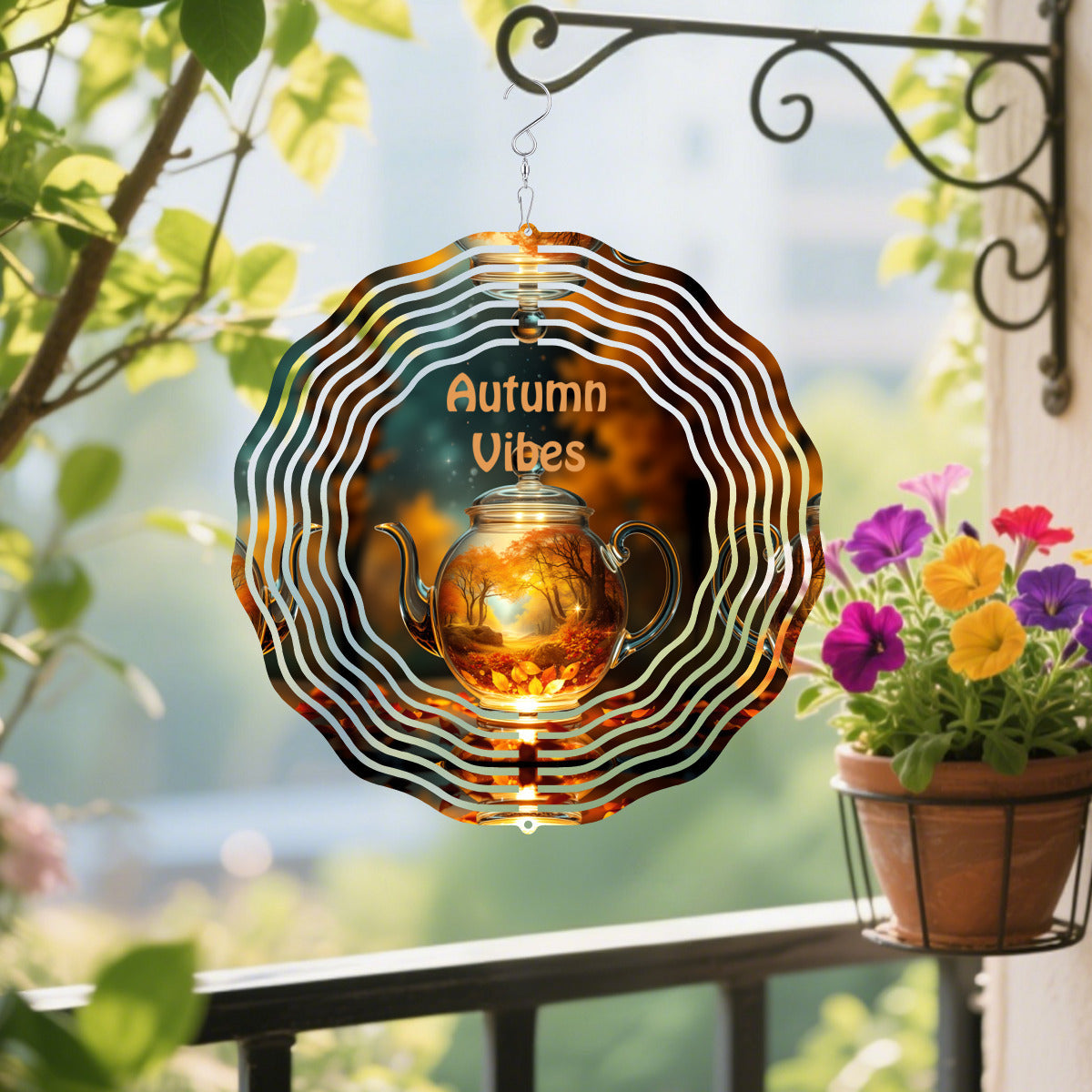 Autumn Vibes Crystal Teapot Wind Spinner Outdoor Decor