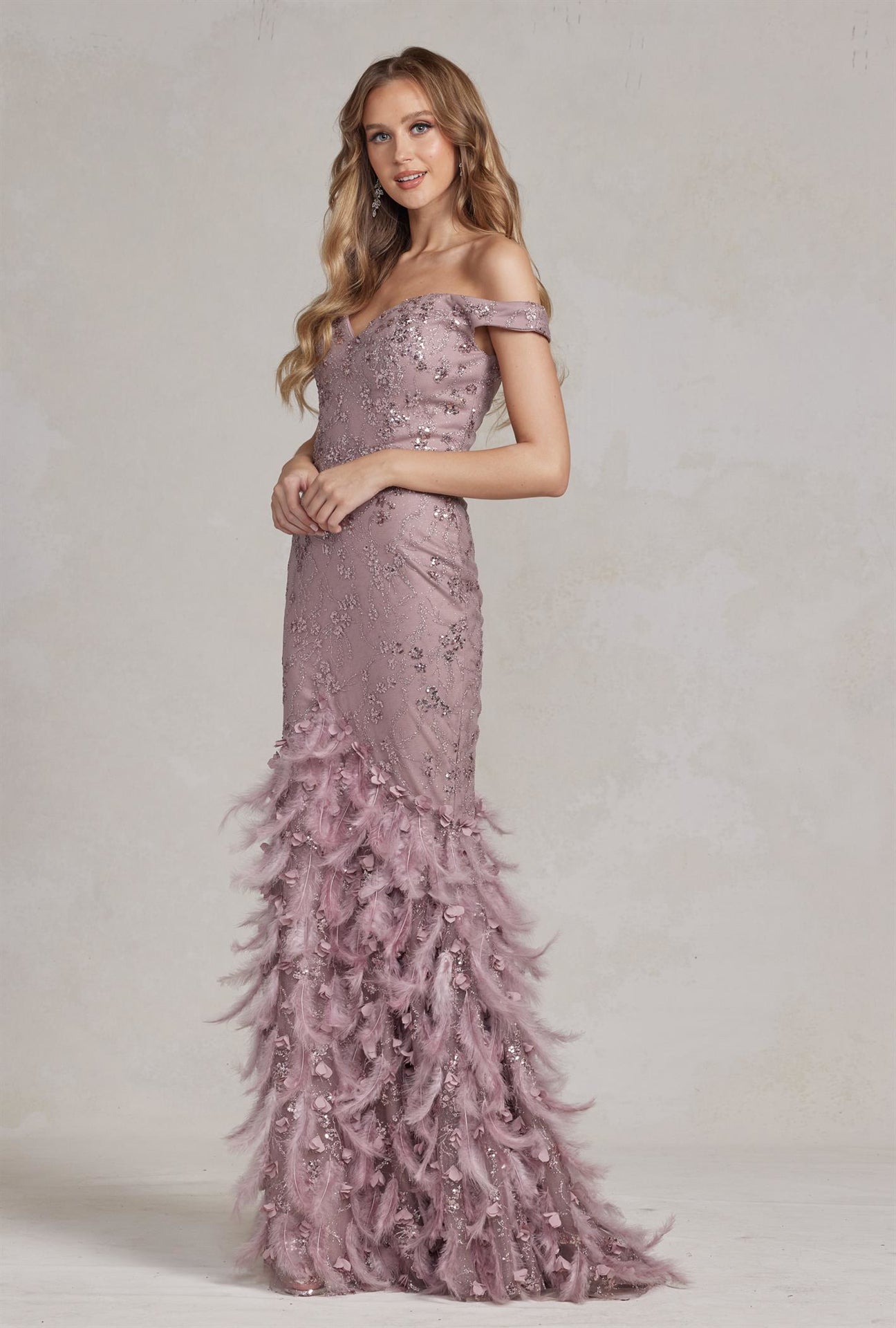 Off The Shoulder Feathers Embellished Long Red Carpet Gown w/ V-Back NXC1106