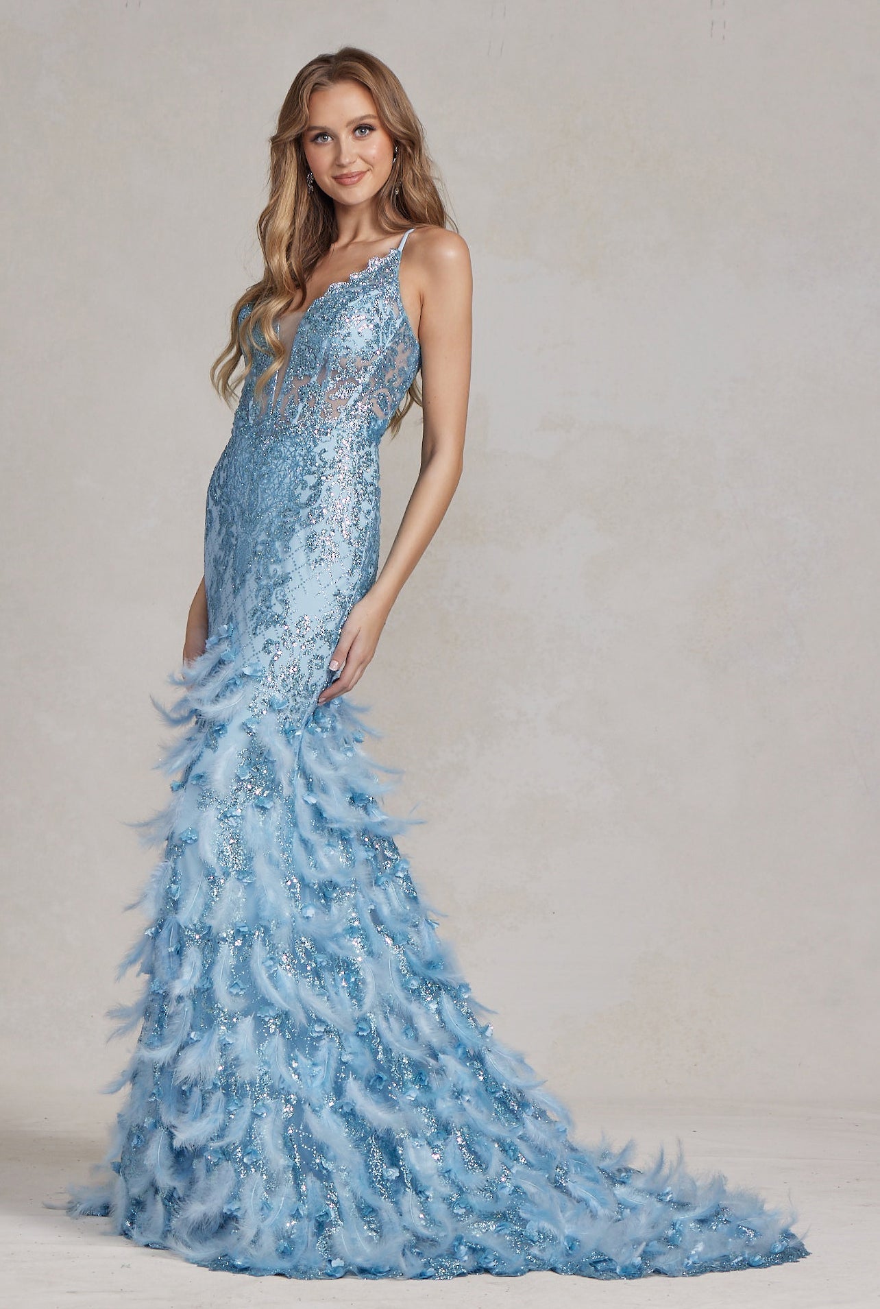 Soft Feathers Embellished Dramatic Mermaid Gown w/Plunging Neckline & Lace up Back NXC1111