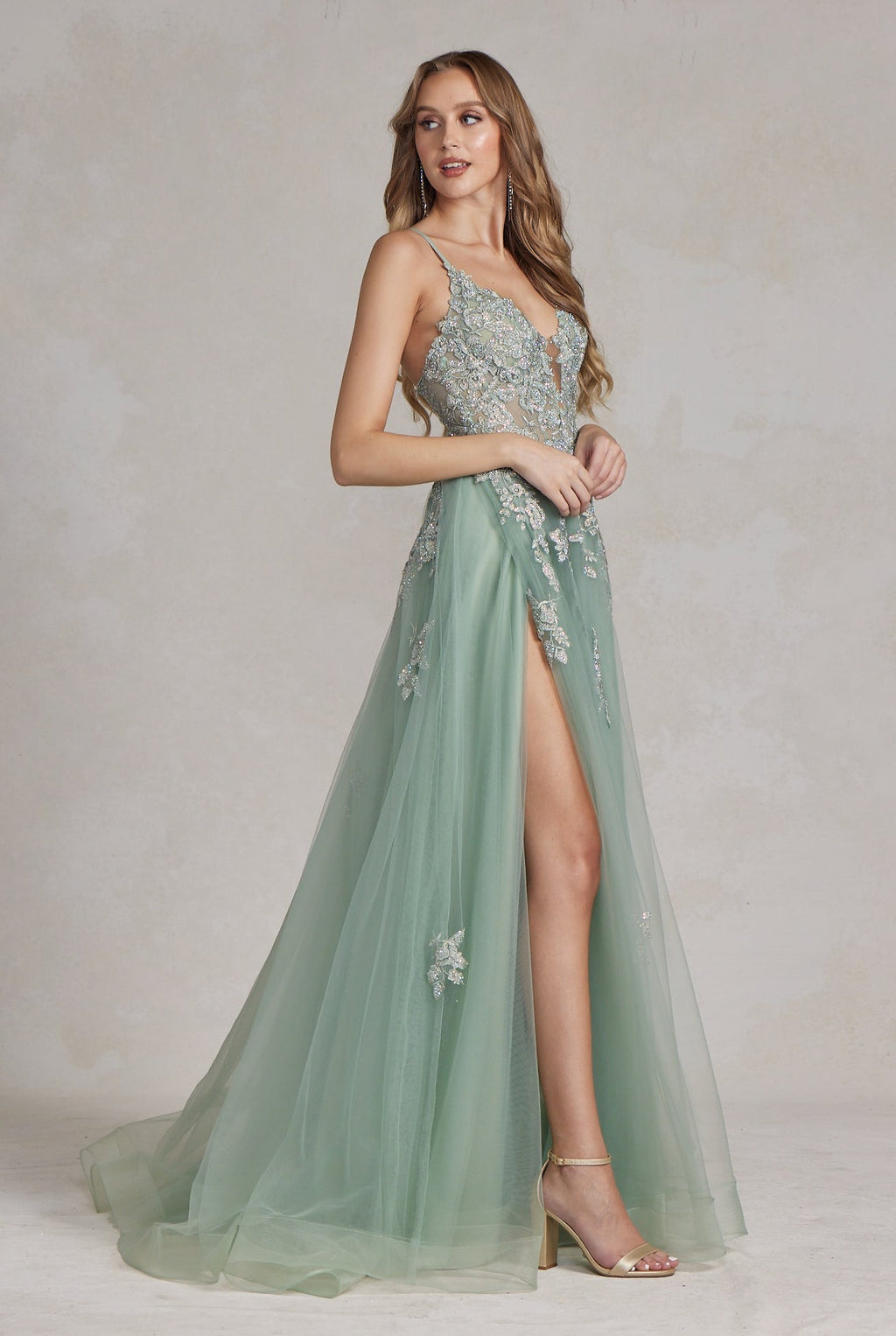 Romantic Floral Lace Embellished A-Line Graduation Dress w/ Charming Leg Slit NXG1149