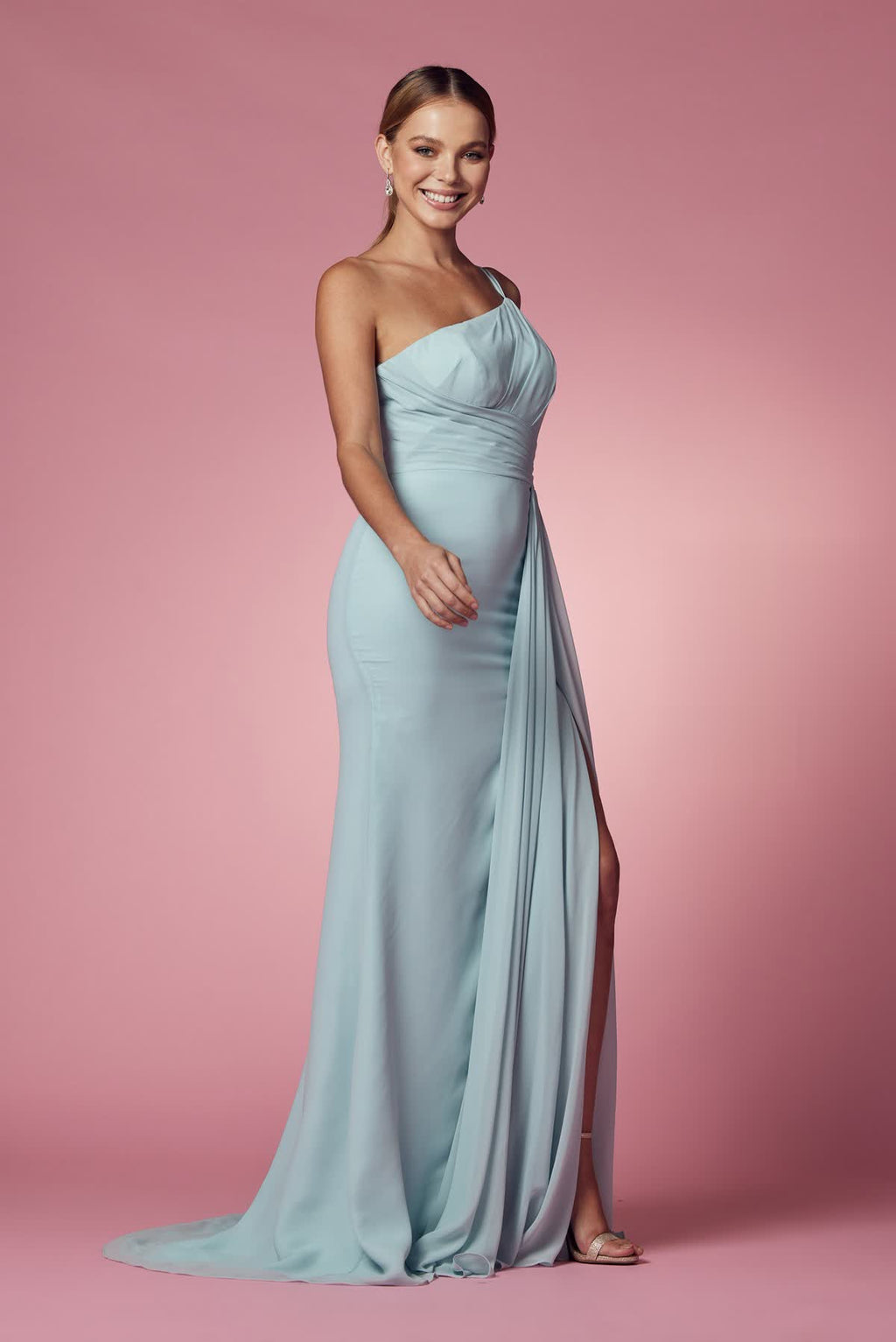 Sleeveless Sheath Bridesmaid Dress w/ One Shoulder Neckline & Pleated Details NXE1005
