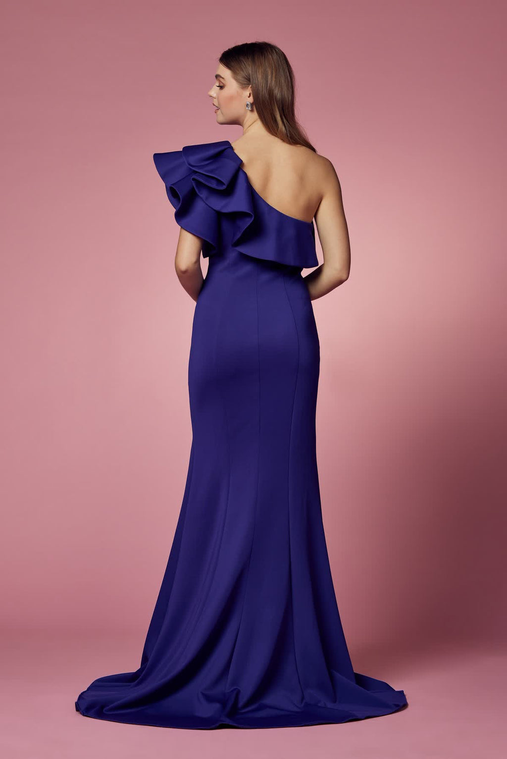 Sheath One Shoulder Festive Gown w/ Ruffled Overlay & Elegant Leg Slit NXE467