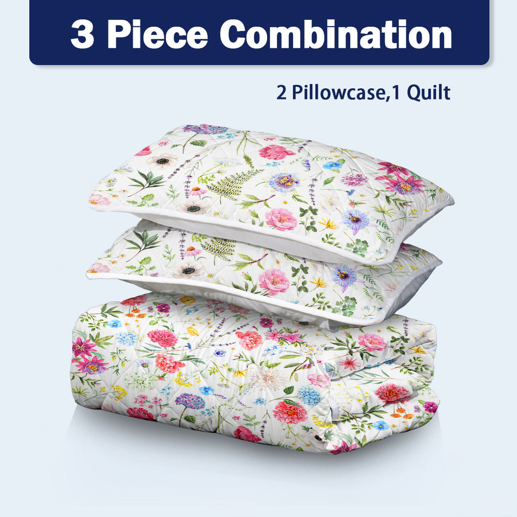 Red Floral Microfiber Quilt Comforter Bedding Set - 3 piece set