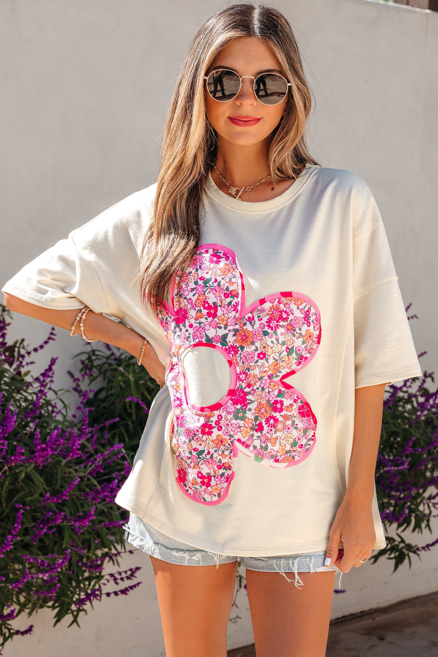 Floral Patchwork Raw Seam Oversize Tee