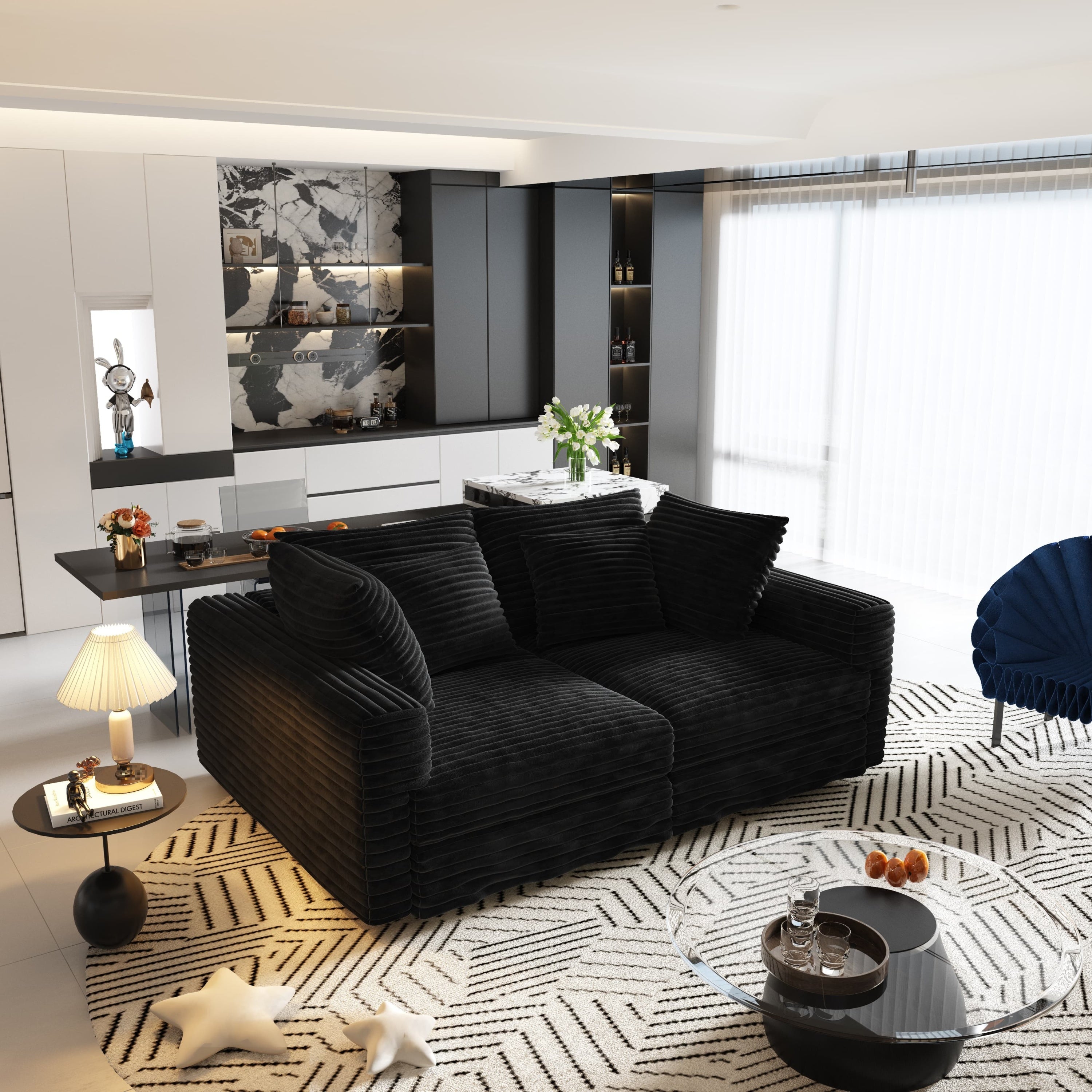 104.3 ' Plush Corduroy 4-Seat Sofa, Modern Comfy Upholstered Sofa Cloud Couch, Deep Seat Couches with Soft Pillows and 2 Ottomans, Convertible Sofa Lounge Chair, for Living Room,Apartment,Office,Black