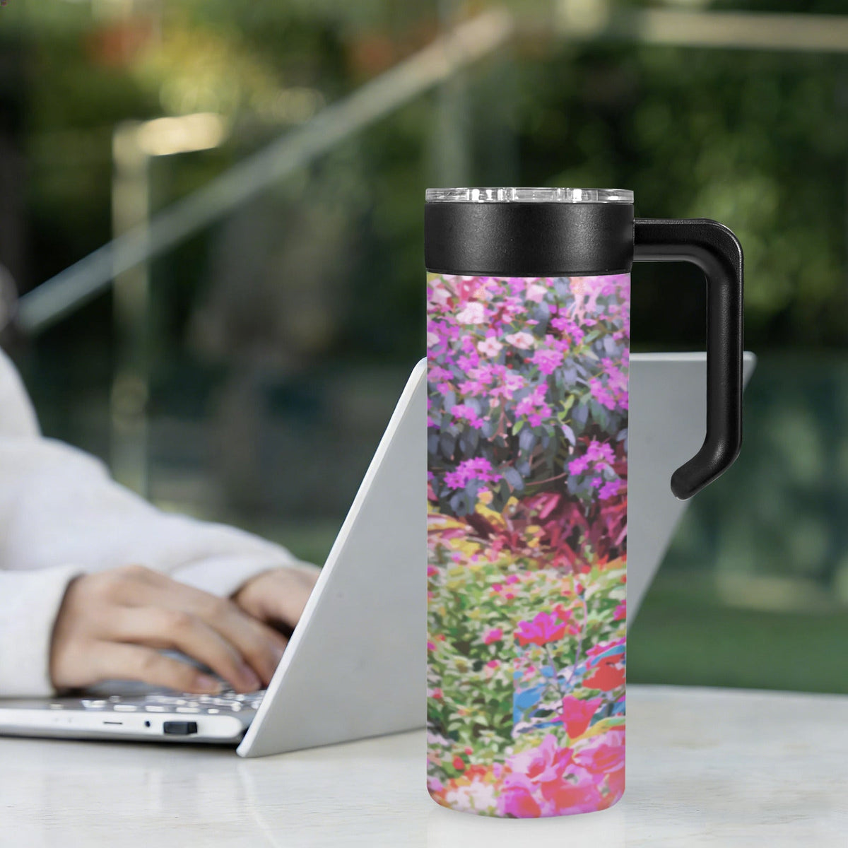 White Horse with Floral Background 20oz Insulated Water Bottle with Screw On Handle