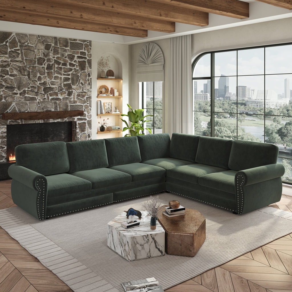 118 ' L-Shaped Sofa Couch with Pull-Out Bed, Oversize Convertible Sleeper Sofa with Nailhead Trim & Rolled Arm, Chenille Upholstered Sectional Couches, for Living Room, Apartment, Office, Green