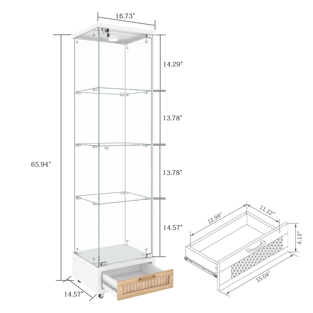 Modern Glass Display Cabinet with Drawer , Quick-assembly Antique Cabinet with LED lights, Tempered Glass Bookshelf,  1-Door Storage Case with 4 Shelves  for Living Room and Bedroom, white and natural