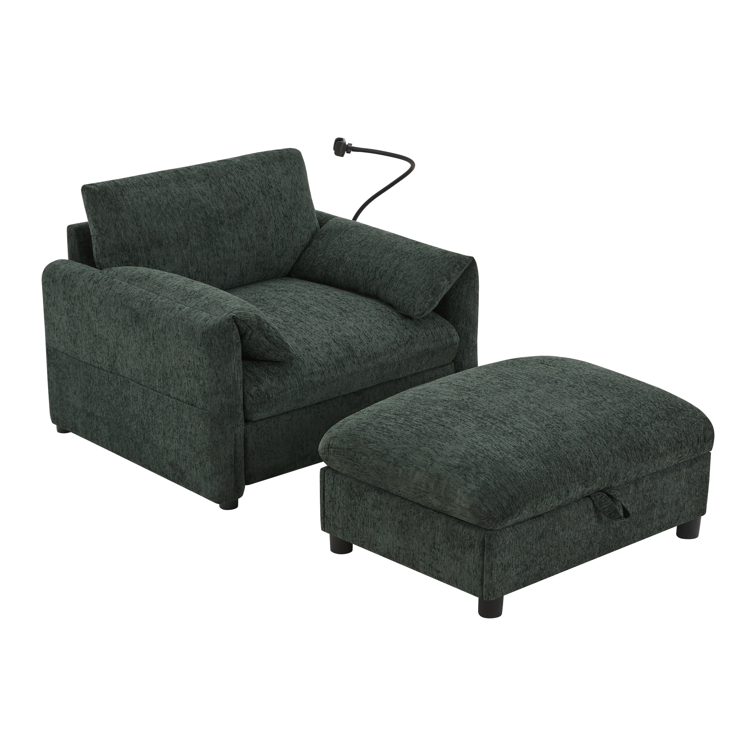 38' Single Sofa with Storage Ottoman, Adjustable Phone Holder, USB Charger, Side Storage Pockets, Pillow-Like Armrests, Wide Seat Chaise Lounge for Living Room&Apartment, Chenille, 4 Colors