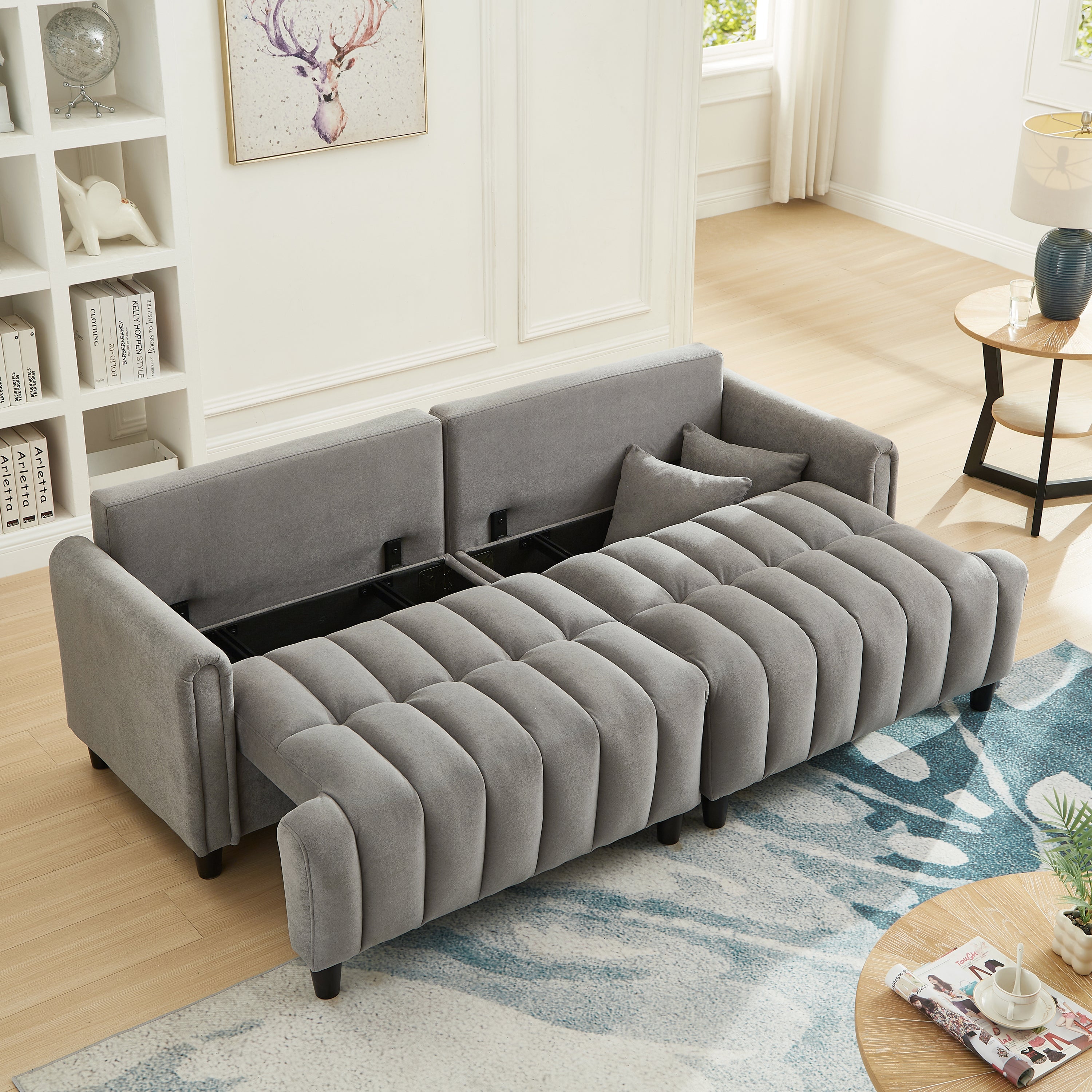 83'' Futon Sofa Bed, Polyester Fabric Comfy Futon Couch Bed with 2 Square Pillows, Convertible Sleeper Sofa with Adjustable Backrest,  Modern Loveseat Sleeper for Living Room, Gray